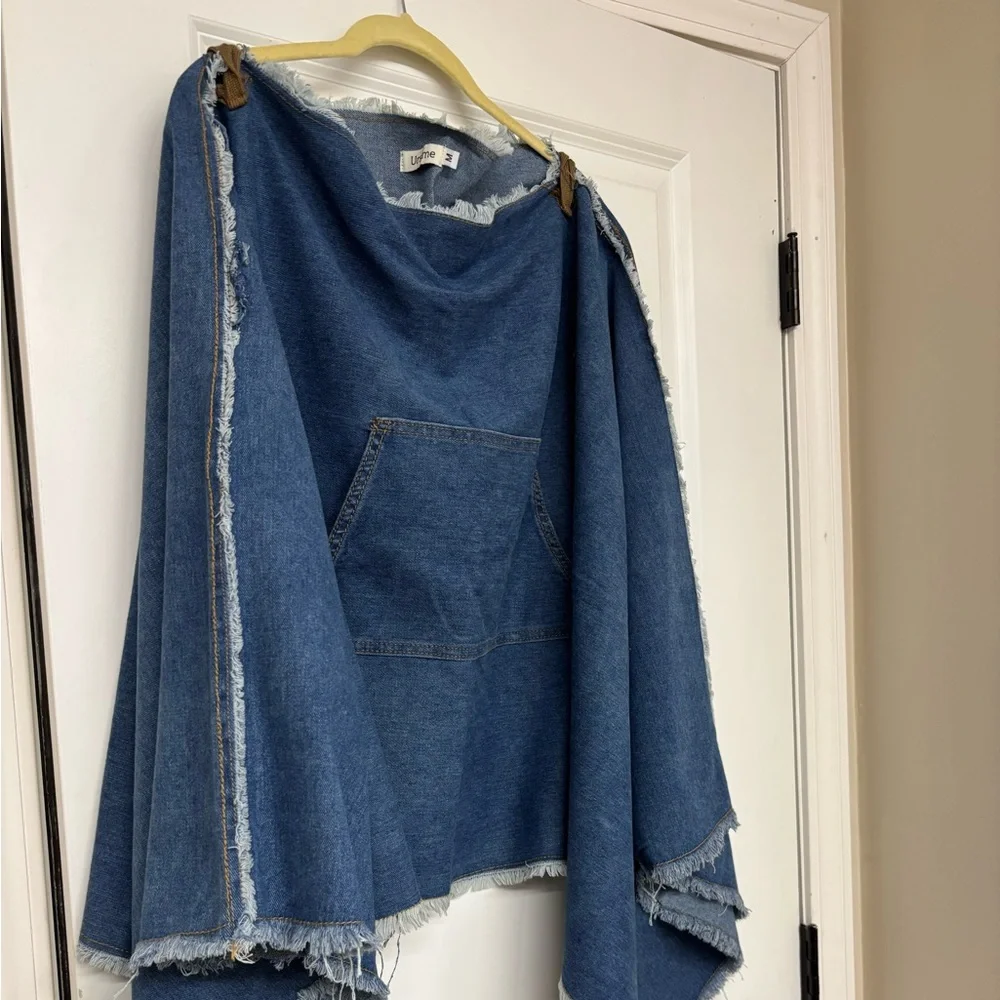 Denim Poncho with Frayed Edges - Picture 2 of 3